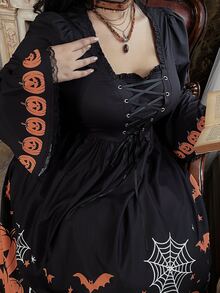 Lyrianda Gaun Wanita Ukuran Besar dengan Detail Lubang Tali dan Lengan Lonceng Motif - Hitam - View 3