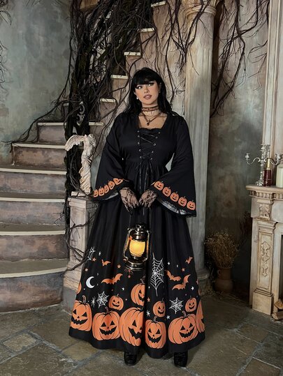 Lyrianda Gaun Wanita Ukuran Besar dengan Detail Lubang Tali dan Lengan Lonceng Motif