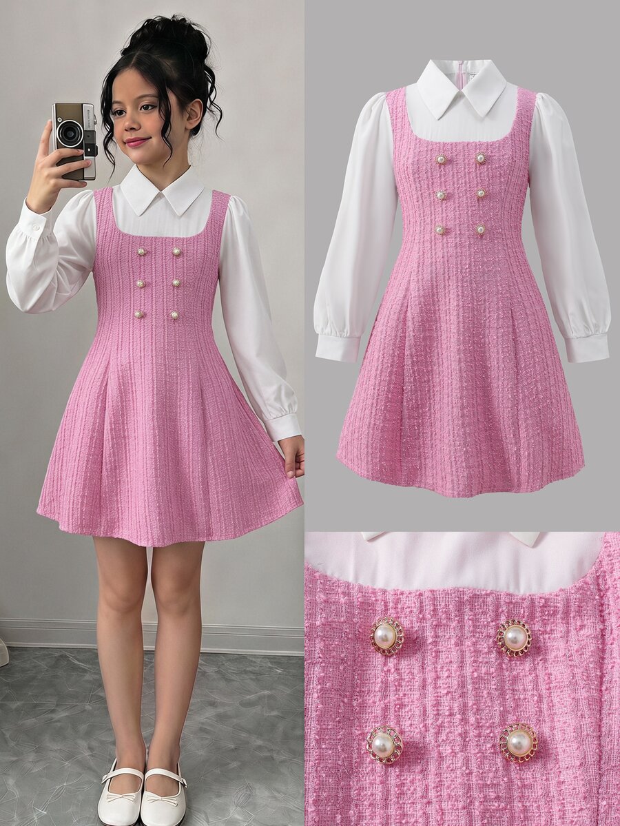 SHEIN 青少年女孩 2 合 1 拼接休閒度假旅行洋裝 - 粉色 - 查看 1