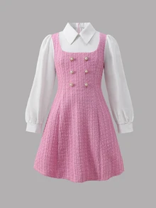 SHEIN 青少年女孩 2 合 1 拼接休閒度假旅行洋裝 - 粉色 - 查看 2