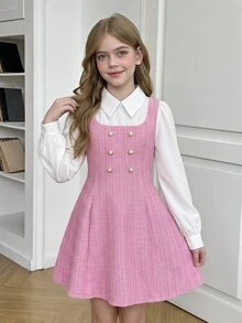 SHEIN 青少年女孩 2 合 1 拼接休閒度假旅行洋裝 - 粉色 - 查看 3