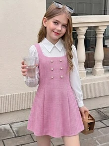 SHEIN 青少年女孩 2 合 1 拼接休閒度假旅行洋裝 - 粉色 - 查看 4