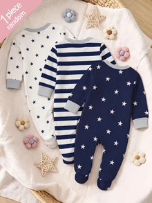 SHEIN Newborn Romper, Cartoon Star Striped Print Pattern, Soft Skin-Friendly Fabric, Long Sleeve Round Neck Button-Down Design, Cute Babygirl, Navy Blue - Multicolor - View 2