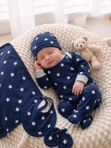 SHEIN Newborn Romper, Cartoon Star Striped Print Pattern, Soft Skin-Friendly Fabric, Long Sleeve Round Neck Button-Down Design, Cute Babygirl, Navy Blue - Multicolor - View 1