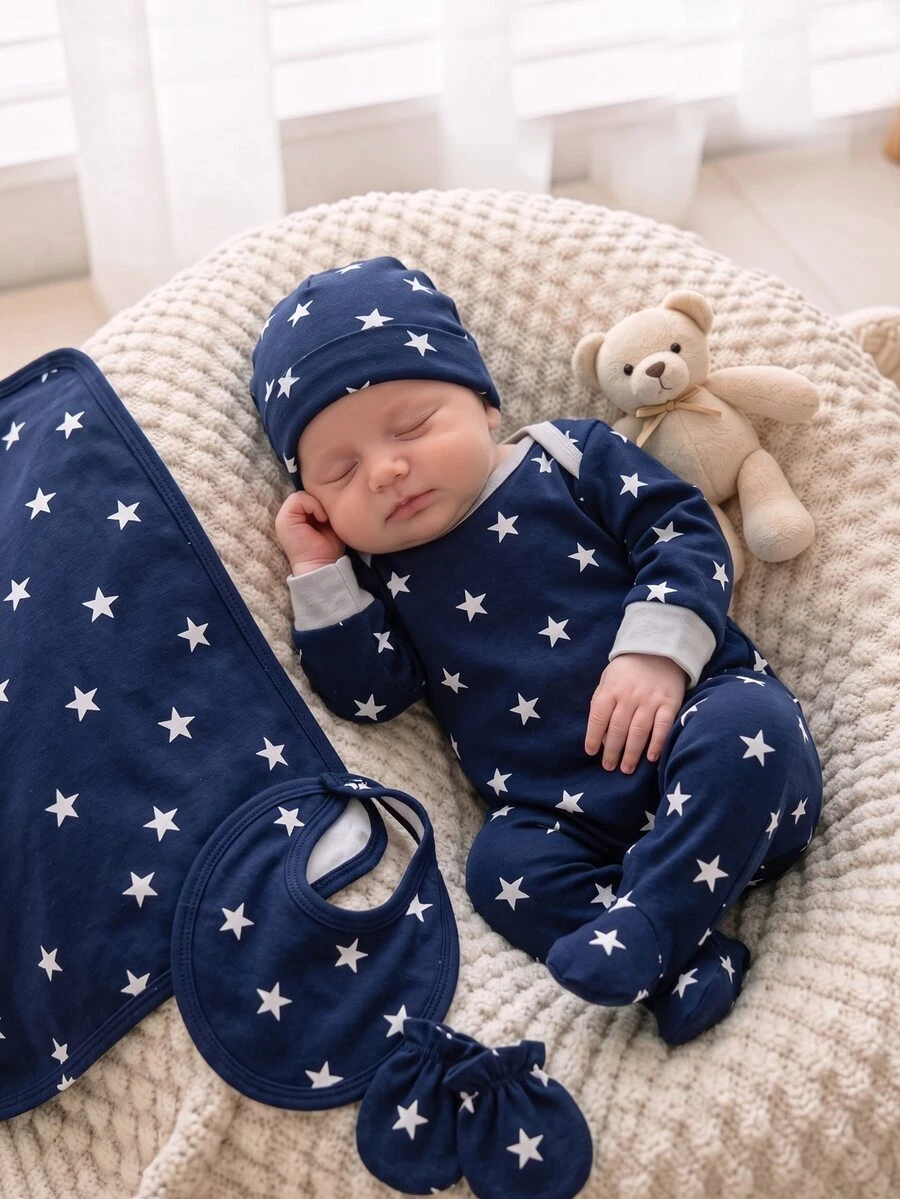 SHEIN Newborn Romper, Cartoon Star Striped Print Pattern, Soft Skin-Friendly Fabric, Long Sleeve Round Neck Button-Down Design, Cute Babygirl, Navy Blue - Multicolor - View 1