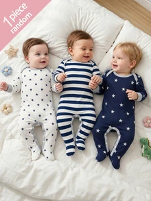 SHEIN Newborn Romper, Cartoon Star Striped Print Pattern, Soft Skin-Friendly Fabric, Long Sleeve Round Neck Button-Down Design, Cute Babygirl, Navy Blue - Multicolor - View 5