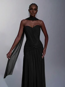 Elitara 優雅高彈力針織網紗抹胸洋裝，前褶皺設計，收腰扭轉腰部，魚尾裙襬，可拆卸抹胸披肩，飄逸裙身，適合約會、度假、單身派對、婚禮、正式場合，重裝飾晚禮服 - 黑色 - 查看 8