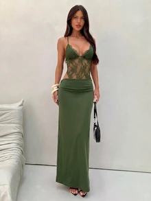 Aloruh 女款春夏新款純黑色洋裝，性感露背洋裝，蕾絲拼接洋裝，優雅洋裝，下午茶洋裝，約會洋裝 - 軍綠色 - 查看 3