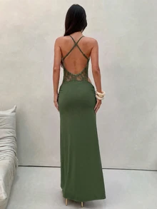 Aloruh 女款春夏新款純黑色洋裝，性感露背洋裝，蕾絲拼接洋裝，優雅洋裝，下午茶洋裝，約會洋裝 - 軍綠色 - 查看 2