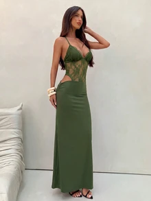 Aloruh 女款春夏新款純黑色洋裝，性感露背洋裝，蕾絲拼接洋裝，優雅洋裝，下午茶洋裝，約會洋裝 - 軍綠色 - 查看 4