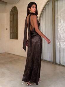 Aloruh Women's Green Satin Draped Neck A-Line Backless Dress With Bow - Coffee Brown - View 5