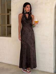 Aloruh Women's Green Satin Draped Neck A-Line Backless Dress With Bow - Coffee Brown - View 3