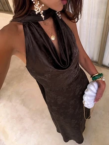 Aloruh Women's Green Satin Draped Neck A-Line Backless Dress With Bow - Coffee Brown - View 1