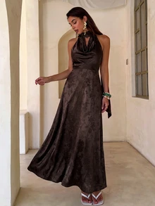 Aloruh Women's Green Satin Draped Neck A-Line Backless Dress With Bow - Coffee Brown - View 7
