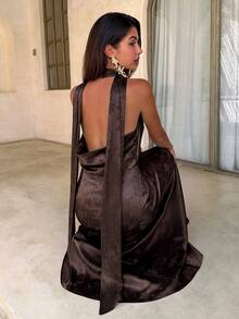 Aloruh Women's Green Satin Draped Neck A-Line Backless Dress With Bow - Coffee Brown - View 2
