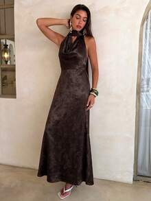 Aloruh Women's Green Satin Draped Neck A-Line Backless Dress With Bow - Coffee Brown - View 6