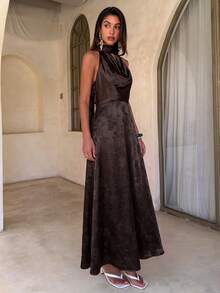 Aloruh Women's Green Satin Draped Neck A-Line Backless Dress With Bow - Coffee Brown - View 4