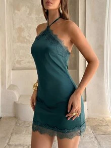 Aloruh 性感優雅蕾絲拼接咖啡色緞面迷你洋裝，適合日常穿著、外出、通勤與約會 - 水鴨藍 - 查看 3
