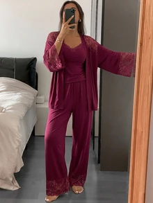 DAZY 3-Piece Charming Lace-Trimmed Cardigan Camisole And Trousers Spring Women's Pajama Set - Purple - View 5