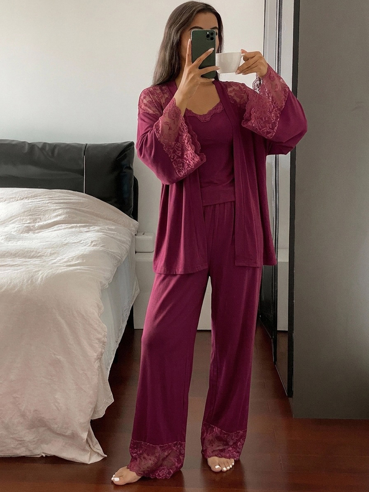 DAZY 3-Piece Charming Lace-Trimmed Cardigan Camisole And Trousers Spring Women's Pajama Set - Purple - View 3