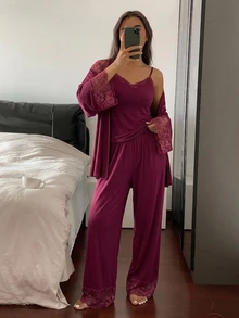 DAZY 3-Piece Charming Lace-Trimmed Cardigan Camisole And Trousers Spring Women's Pajama Set - Purple - View 6