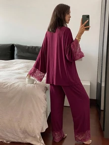DAZY 3-Piece Charming Lace-Trimmed Cardigan Camisole And Trousers Spring Women's Pajama Set - Purple - View 2