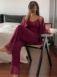 DAZY 3-Piece Charming Lace-Trimmed Cardigan Camisole And Trousers Spring Women's Pajama Set - Purple - View 4