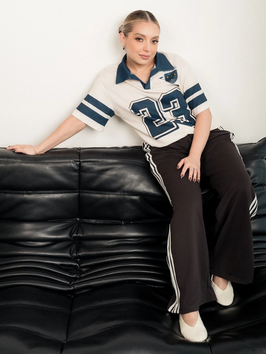 Ximena Robles Ximena Robles 女款巧克力棕色寬腿運動褲,配棕色條紋,冬季運動休閒健身超長針織面料休閒大碼寬鬆條紋秋季款 - 巧克力棕 - 查看 1