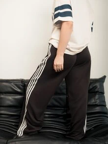 Ximena Robles Ximena Robles 女款巧克力棕色寬腿運動褲，配棕色條紋，冬季運動休閒健身超長針織面料休閒大碼寬鬆條紋秋季款 - 巧克力棕 - 查看 4