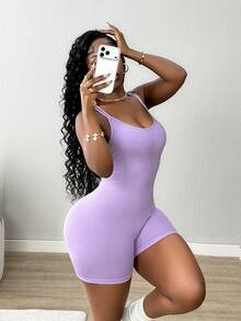 SHEIN Core Rhythm 女款純色無縫運動連身衣，交叉肩帶設計，露背緊身連身衣，運動服，適合瑜伽、健身及其他活動 - 紫色 - 查看 1