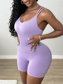 SHEIN Core Rhythm 女款純色無縫運動連身衣，交叉肩帶設計，露背緊身連身衣，運動服，適合瑜伽、健身及其他活動 - 紫色 - 查看 4