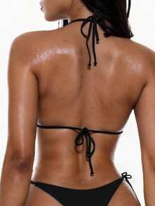 Swim Basics 女士纯色性感吊带比基尼两件套泳衣套装 - 黑色 - 查看 2