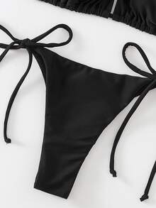 Swim Basics 女士纯色性感吊带比基尼两件套泳衣套装 - 黑色 - 查看 4