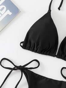 Swim Basics 女士纯色性感吊带比基尼两件套泳衣套装 - 黑色 - 查看 3
