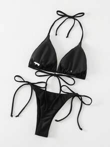 Swim Basics 女士纯色性感吊带比基尼两件套泳衣套装 - 黑色 - 查看 5