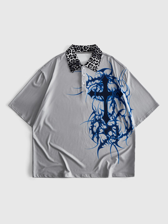 Street Life Polo da uomo con stampa gotica a croce scura e colletto leopardato