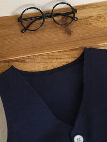 SHEIN 2pcs Young Boy Gentleman Suit,Traditional Wedding Gift Ring Bearer Outfit: Single Breasted Vest Elastic Waist Pants Set,Formal Wear Baby Blue Autumn - Navy Blue - View 5