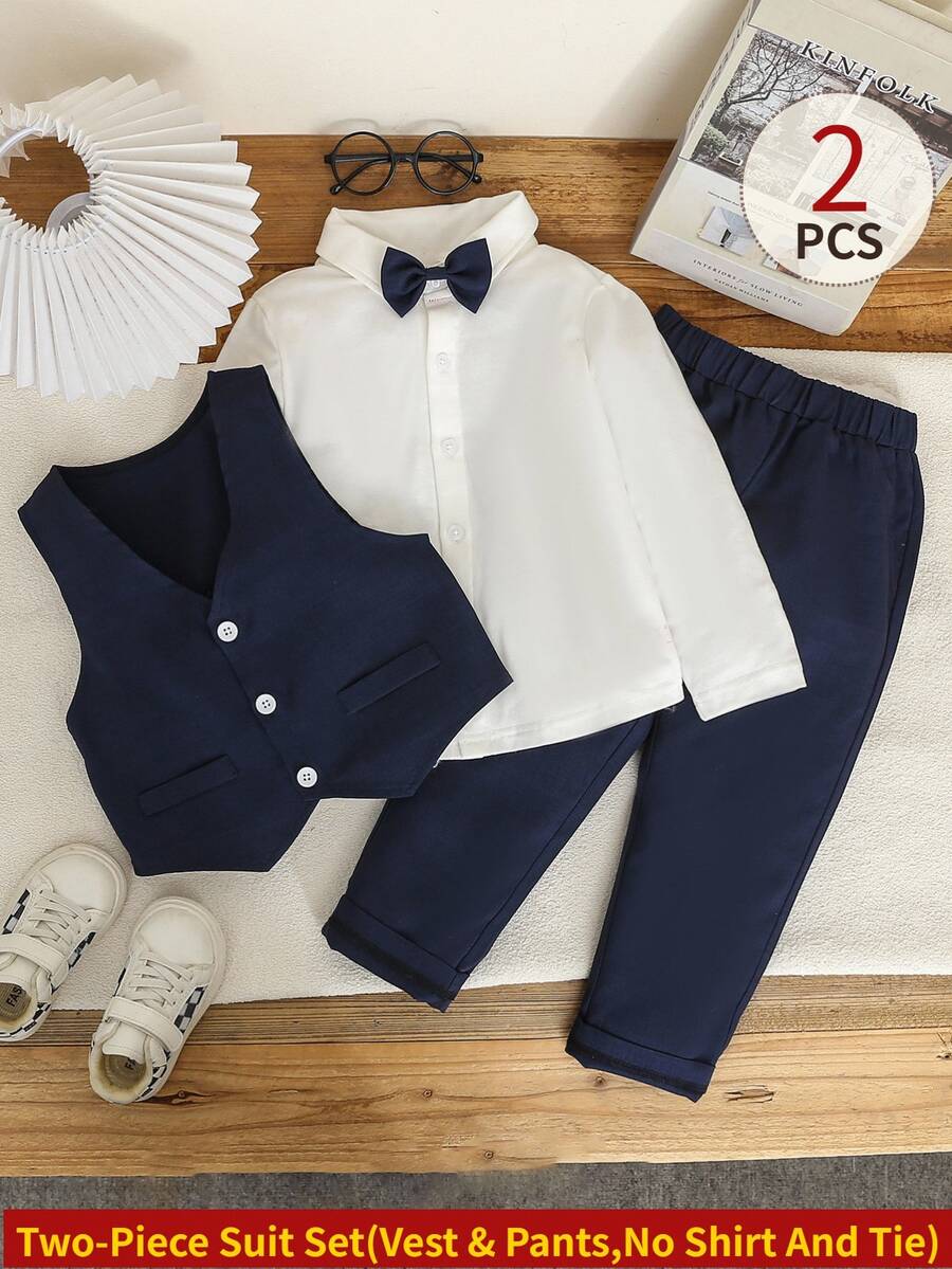 SHEIN 2pcs Young Boy Gentleman Suit,Traditional Wedding Gift Ring Bearer Outfit: Single Breasted Vest Elastic Waist Pants Set,Formal Wear Baby Blue Autumn
