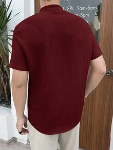 Mainfolk 男士純色短袖單排扣梭織休閒襯衫 - 酒紅色 - 查看 2