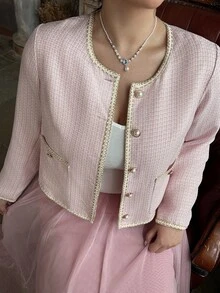 Lyrianda Plus Size Women's Sakura Pink Multicolor Short Jacket, Round Neck With Woven Trim And Gold Buttons, Tweed Fabric, Soft Commuter Style Winter - Pink - View 2