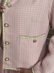 Lyrianda Plus Size Women's Sakura Pink Multicolor Short Jacket, Round Neck With Woven Trim And Gold Buttons, Tweed Fabric, Soft Commuter Style Winter - Pink - View 6