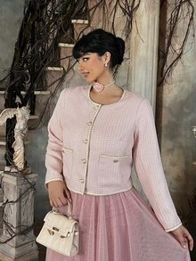 Lyrianda Plus Size Women's Sakura Pink Multicolor Short Jacket, Round Neck With Woven Trim And Gold Buttons, Tweed Fabric, Soft Commuter Style Winter - Pink - View 5