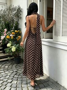 Cévolie Vintage Brown Polka Dot Choker Maxi Dress, Deep V Back Tie Flowy Chiffon Slip Sundress - Brown - View 2
