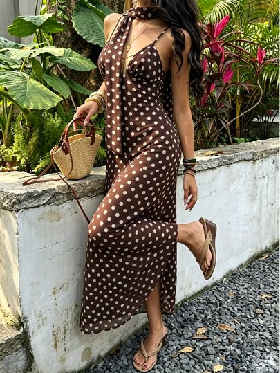 Cévolie Vintage Brown Polka Dot Choker Maxi Dress, Deep V Back Tie Flowy Chiffon Slip Sundress