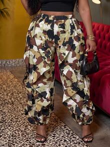 Veslaya Autumn Women's Plus Size Tummy Control Fit Smart Casual Traditional Camouflage Print Wavy Ruffle Cuffed Pants Vacation Teacher Brown - Multicolor - View 3