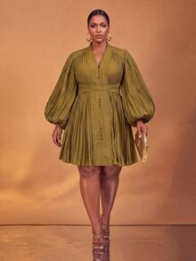 Veslaya Plus Lantern Sleeve Pleated Hem Dress - Yellow - View 4