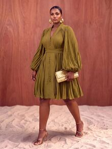 Veslaya Plus Lantern Sleeve Pleated Hem Dress - Yellow - View 6