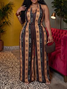 Veslaya Combinaison femme grande taille printemps/été, gainante, respirante, élégante, style bohème, imprimé bohème, col V profond, lien à nouer, jambes larges, pour vacances et soirée, noir - Multicolore - Voir 6