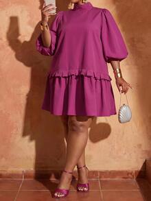Veslaya Plus Size Women Solid Color Lantern Sleeve Ruffle Hem Casual Dress Fall - Red Violet - View 5