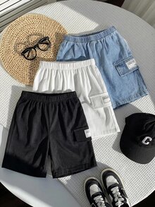 SHEIN 3件裝小男孩休閒軟舒適拼接牛仔短褲，適合日常穿著、上學、運動，春夏季適用 - 彩色 - 查看 3